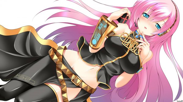 Anime picture 1920x1080 with vocaloid megurine luka single long hair blush highres blue eyes light erotic wide image bare shoulders pink hair midriff girl thighhighs navel black thighhighs detached sleeves headphones