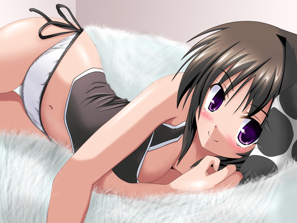 Anime picture 1600x1200 with blush short hair breasts light erotic brown hair purple eyes underwear panties bed