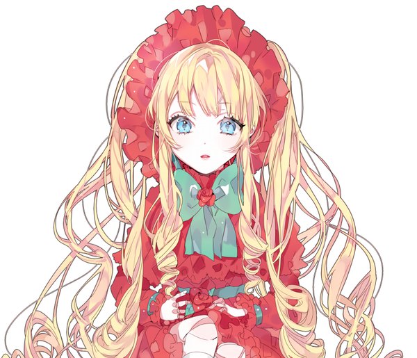 Anime picture 800x687 with rozen maiden shinku piyo (ppotatto) single looking at viewer blush fringe open mouth blue eyes simple background blonde hair white background sitting payot very long hair teeth drill hair girl dress flower (flowers)