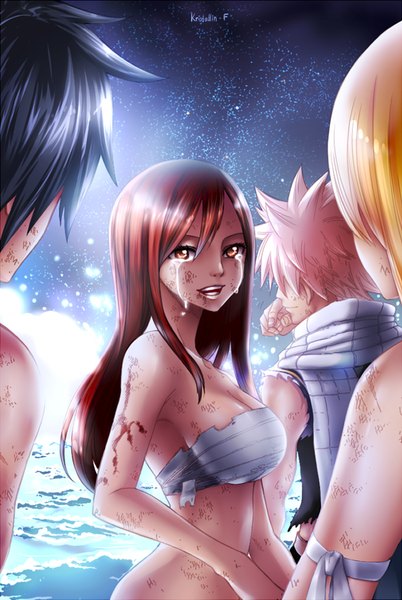 Anime picture 671x1000 with fairy tail lucy heartfilia erza scarlet natsu dragneel gray fullbuster kristallin-f (artist) long hair tall image looking at viewer short hair breasts light erotic black hair blonde hair smile red eyes bare shoulders pink hair cloud (clouds) red hair