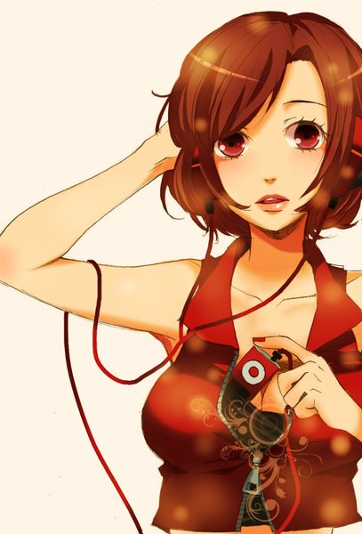 Anime picture 1101x1621 with vocaloid ipod meiko single tall image looking at viewer fringe short hair breasts open mouth simple background red eyes brown hair holding cleavage nail polish lips sleeveless girl shirt