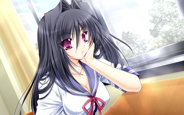Anime picture 1024x640 with hatsukoi yohou (game) long hair black hair wide image game cg pink eyes girl serafuku