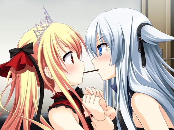 Anime picture 1600x1200 with bloody rondo (game) luna freed queen lynette vance makita maki long hair blush blue eyes blonde hair red eyes twintails multiple girls game cg white hair embarrassed shoujo ai face to face pocky kiss girl 2 girls food