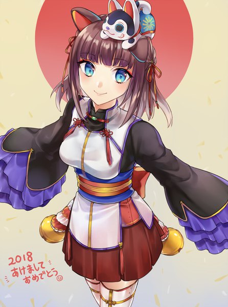Anime picture 743x1000 with original shiao single tall image looking at viewer fringe short hair blue eyes smile brown hair animal ears blunt bangs from above wide sleeves new year dog ears happy new year 2018 akeome girl