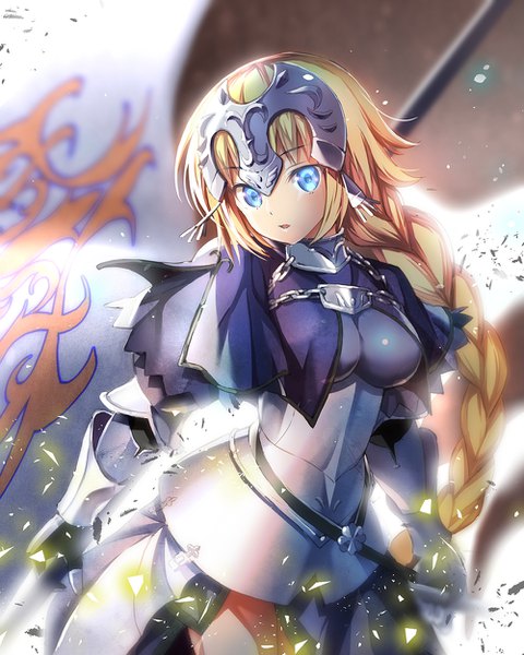 Anime picture 1000x1250 with fate (series) fate/apocrypha jeanne d'arc (fate) (all) jeanne d'arc (fate) suishougensou single long hair tall image looking at viewer open mouth blue eyes blonde hair white background holding braid (braids) very long hair parted lips blurry depth of field single braid