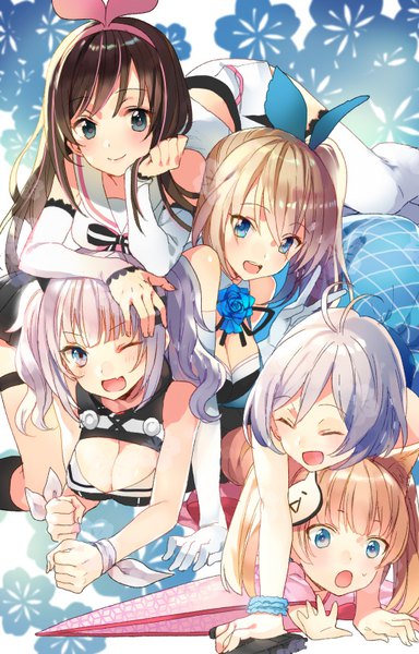 Anime picture 513x800 with virtual youtuber a.i. channel the moon studio mirai akari project dennou shoujo youtuber shiro kemomimi oukoku kokuei housou kizuna ai kaguya luna mirai akari shiro (dennou shoujo youtuber shiro) mikoko (kemomimi oukoku kokuei housou) ikeya (ikeya314) long hair tall image blush fringe short hair open mouth blue eyes blonde hair