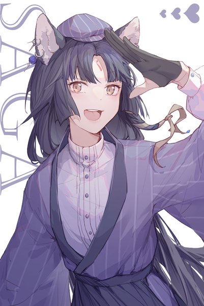 Anime picture 1935x2894 with arknights saga (arknights) kotatsu kaya single long hair tall image looking at viewer highres open mouth black hair white background brown eyes animal ears upper body traditional clothes :d japanese clothes character names tress ribbon forehead mark