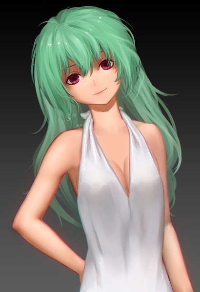 Anime picture 1866x2728 with original maredoro single long hair tall image fringe highres breasts simple background smile red eyes cleavage green hair mole sleeveless mole under eye girl