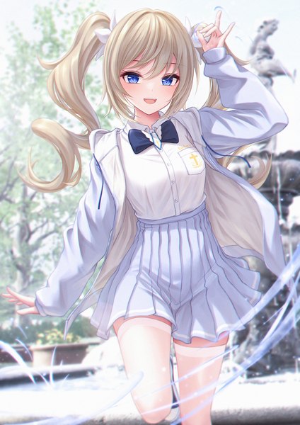 Anime-Bild 900x1273 mit genshin impact barbara (genshin impact) bae.c single long hair tall image looking at viewer blush fringe open mouth blue eyes blonde hair smile standing twintails payot outdoors long sleeves :d pleated skirt