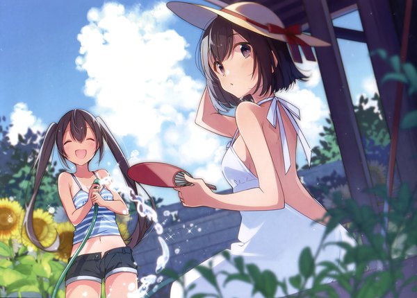 Anime picture 3874x2781 with original umiko (munemiu) long hair looking at viewer blush fringe highres short hair open mouth black hair smile hair between eyes twintails multiple girls absurdres sky cloud (clouds) outdoors eyes closed :d