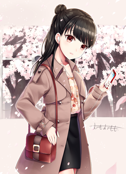 Anime picture 1600x2218 with original omoomomo single long hair tall image looking at viewer blush fringe black hair red eyes standing holding signed outdoors blunt bangs long sleeves parted lips head tilt arm up open clothes