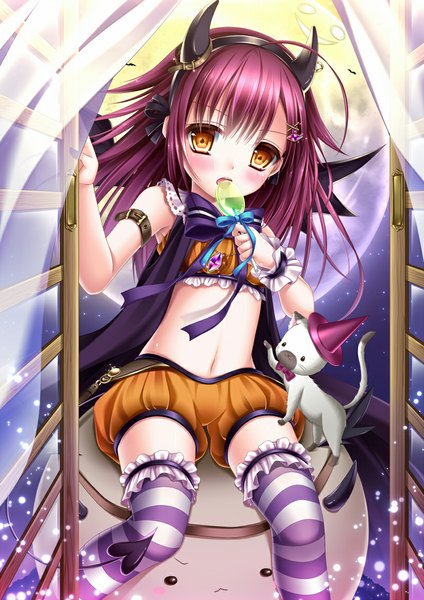 Anime picture 800x1131 with original shitou single long hair tall image looking at viewer blush light erotic yellow eyes purple hair horn (horns) loli halloween girl thighhighs animal frills moon cat striped thighhighs