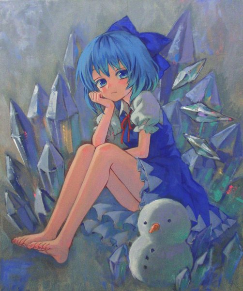 Anime picture 1229x1470 with touhou cirno ama-tou single tall image blush short hair blue eyes sitting blue hair barefoot no shoes girl bow hair bow wings crystal ice snowman