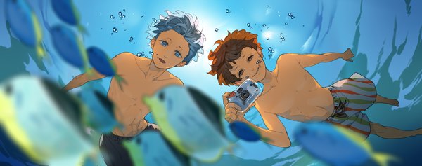 Anime picture 1820x720 with original hana bell forest fringe highres short hair open mouth smile brown hair wide image bare shoulders blue hair barefoot sunlight multiple boys bare belly bare legs from below underwater sunbeam swimming