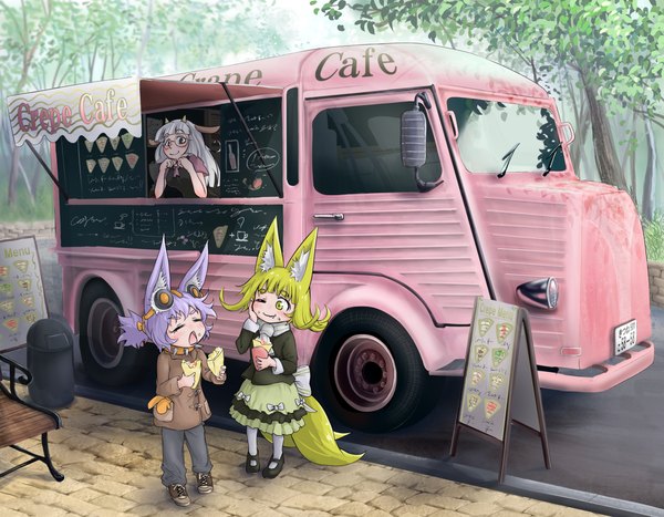 Anime picture 3720x2894 with original citroen kogitsune (doitsuken) noroiken (doitsuken) doitsuken highres short hair open mouth blonde hair smile standing multiple girls animal ears absurdres purple hair ponytail tail eyes closed long sleeves animal tail