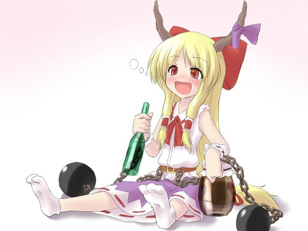 Anime picture 1024x768 with touhou ibuki suika natsu no koucha blush blonde hair horn (horns) soles drunk girl ribbon (ribbons) socks vest child (children)