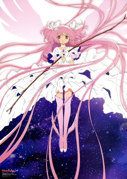 Anime picture 6082x8613 with mahou shoujo madoka magica shaft (studio) newtype kaname madoka goddess madoka taniguchi jun'ichirou single tall image highres yellow eyes pink hair absurdres very long hair scan official art two side up starry sky print girl thighhighs dress