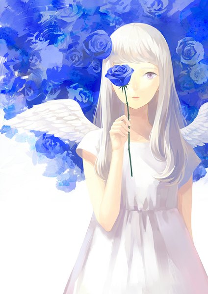 Anime picture 707x1000 with original tette single long hair tall image looking at viewer fringe purple eyes holding white hair hair flower grey hair covering angel wings white wings covering eye (eyes) flower over eye girl dress hair ornament