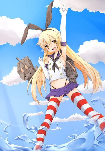 Anime picture 1000x1431 with kantai collection shimakaze destroyer rensouhou-chan yukina (masyumaro610) single long hair tall image open mouth blonde hair brown eyes cloud (clouds) girl thighhighs gloves bow hair bow miniskirt elbow gloves striped thighhighs