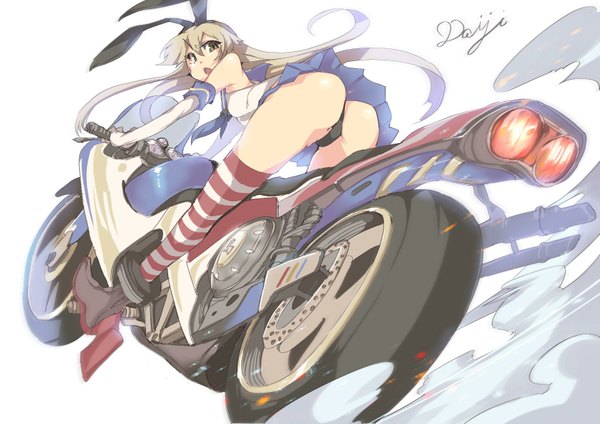 Anime picture 1684x1191 with kantai collection shimakaze destroyer satou daiji single long hair open mouth light erotic simple background white background signed ass looking back from behind leaning leaning forward riding girl thighhighs gloves underwear