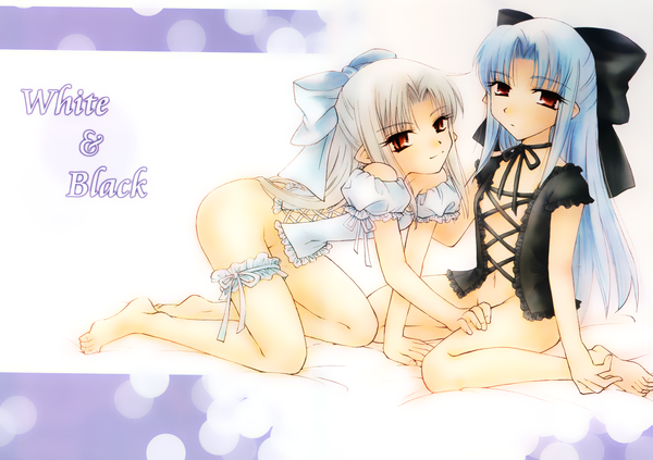 Anime picture 4965x3505 with shingetsutan tsukihime type-moon len (tsukihime) highres light erotic white background multiple girls girl 2 girls