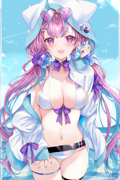 Anime picture 965x1439 with virtual youtuber hololive minato aqua hinahino single long hair tall image looking at viewer blush breasts open mouth light erotic large breasts purple eyes twintails purple hair ahoge nail polish :d multicolored hair