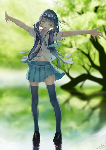 Anime picture 1446x2046 with original nana mikoto single long hair tall image looking at viewer open mouth twintails yellow eyes blue hair spread arms girl thighhighs skirt black thighhighs plant (plants) shirt tree (trees) necktie