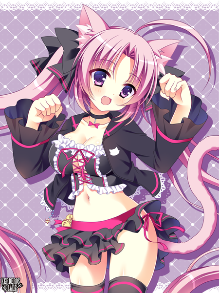 Anime picture 768x1024 with kerberos blade yuyumatsu single tall image blush breasts open mouth light erotic purple eyes twintails animal ears looking away pink hair cleavage ahoge tail very long hair animal tail cat ears cat girl