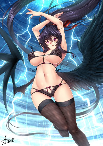 Anime picture 1240x1754 with highschool dxd himejima akeno adsouto single tall image blush fringe breasts open mouth light erotic black hair smile hair between eyes purple eyes signed payot bent knee (knees) ponytail very long hair wind