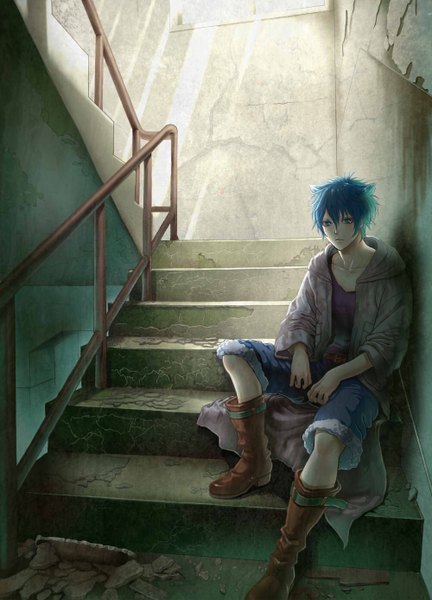 Anime picture 1000x1388 with omerta - chinmoku no okite ki ichi single tall image short hair blue eyes blue hair open clothes open jacket boy shorts boots coat stairs wall