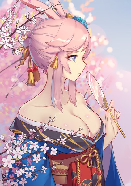 Anime picture 1240x1754 with honkai impact 3rd benghuai xueyuan honkai (series) yae sakura liu lan single tall image fringe breasts blue eyes light erotic bare shoulders holding animal ears payot looking away pink hair cleavage upper body traditional clothes