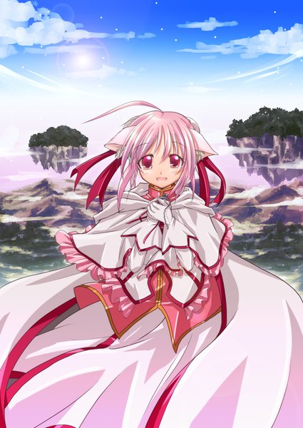 Anime picture 1416x2000 with dog days millhiore f biscotti nob (artist) single tall image short hair pink hair cloud (clouds) pink eyes tears dog ears dog girl floating island girl dress island