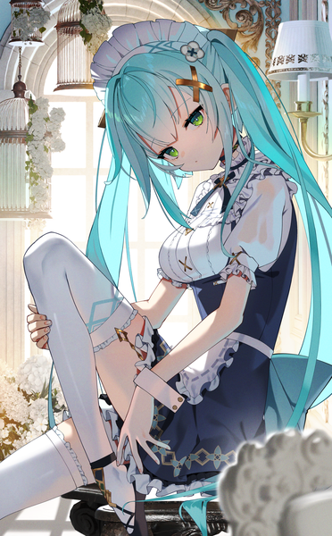 Anime picture 1549x2500 with genshin impact faruzan (genshin impact) faruzan (cafe) (genshin impact) scottie (phantom2) single tall image looking at viewer fringe breasts sitting twintails green eyes payot bent knee (knees) indoors blunt bangs very long hair head tilt fingernails blurry