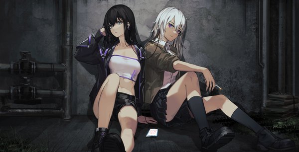 Anime picture 8520x4341 with original fixro2n long hair looking at viewer fringe highres black hair hair between eyes wide image sitting purple eyes multiple girls absurdres full body bent knee (knees) white hair parted lips arm support bare belly grey eyes