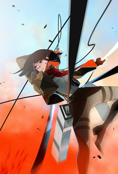 Anime picture 679x1000 with shingeki no kyojin production i.g mikasa ackerman coln single long hair tall image black hair holding brown eyes dual wielding girl weapon sword boots scarf blood wire (wires) red scarf