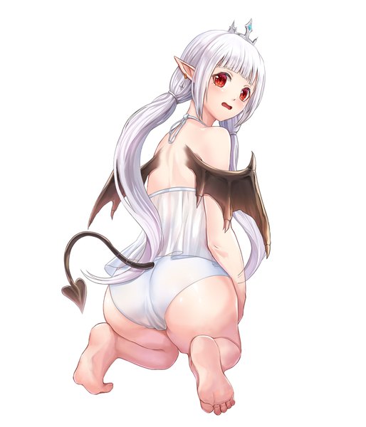 Anime picture 920x1074 with original lunacle single long hair tall image looking at viewer blush fringe open mouth light erotic simple background red eyes white background twintails bare shoulders payot silver hair full body ass tail