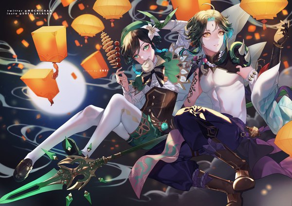 Anime picture 2500x1766 with genshin impact xiao (genshin impact) venti (genshin impact) shei99 highres short hair black hair holding signed yellow eyes full body aqua eyes multiple boys tattoo mouth hold forehead mark food in mouth boy weapon detached sleeves