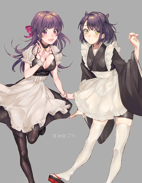 Anime picture 1653x2135 with original sinomi long hair tall image looking at viewer blush short hair breasts open mouth simple background multiple girls signed yellow eyes cleavage purple hair traditional clothes japanese clothes pink eyes grey background maid