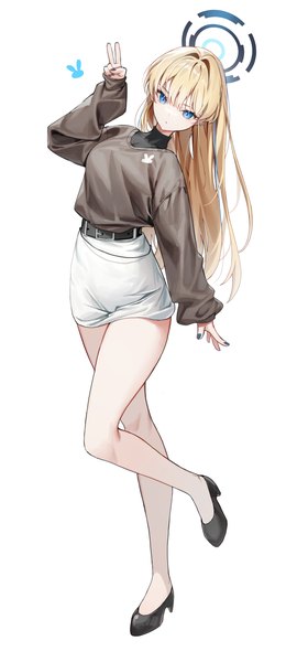 Anime picture 3028x7000 with blue archive toki (blue archive) sugar (dndi888) single long hair tall image looking at viewer fringe highres simple background blonde hair hair between eyes standing white background absurdres full body bent knee (knees) long sleeves nail polish arm up