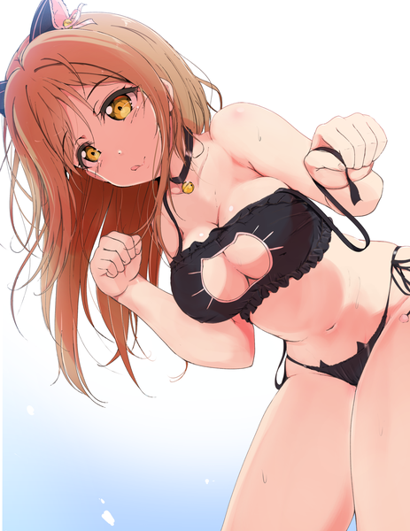 Anime picture 1203x1558 with love live! sunshine!! sunrise (studio) love live! kunikida hanamaru ankoiri single long hair tall image looking at viewer blush fringe breasts light erotic simple background hair between eyes brown hair large breasts animal ears yellow eyes sweat