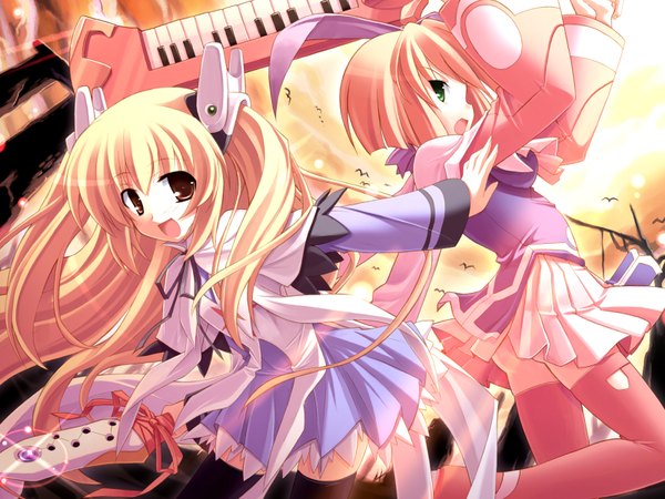 Anime picture 1600x1200 with tenkuu no symphonia lumiele fondberte milfaria froyheim mizuki maru long hair looking at viewer short hair open mouth blonde hair multiple girls brown eyes green eyes sky profile wallpaper spread arms girl thighhighs bow black thighhighs