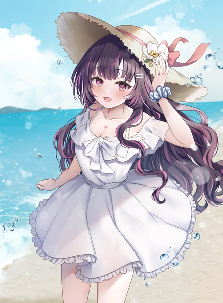 Anime picture 2204x3000 with virtual youtuber phase connect himemiya rie ichinose (sorario) single long hair tall image looking at viewer blush fringe highres open mouth smile brown hair standing holding sky cloud (clouds) outdoors blunt bangs