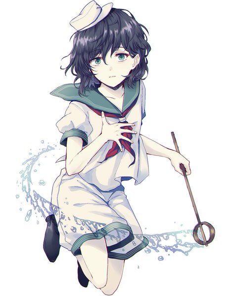 Anime picture 900x1185 with touhou murasa minamitsu uranaishi (miraura) single tall image looking at viewer fringe short hair black hair simple background hair between eyes white background green eyes full body puffy sleeves hand on chest jumping girl hat water