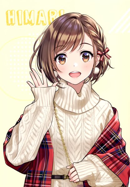 Anime picture 2406x3464 with original morikura en single tall image looking at viewer blush fringe highres short hair open mouth simple background smile standing brown eyes upper body blunt bangs braid (braids) :d arm up scan