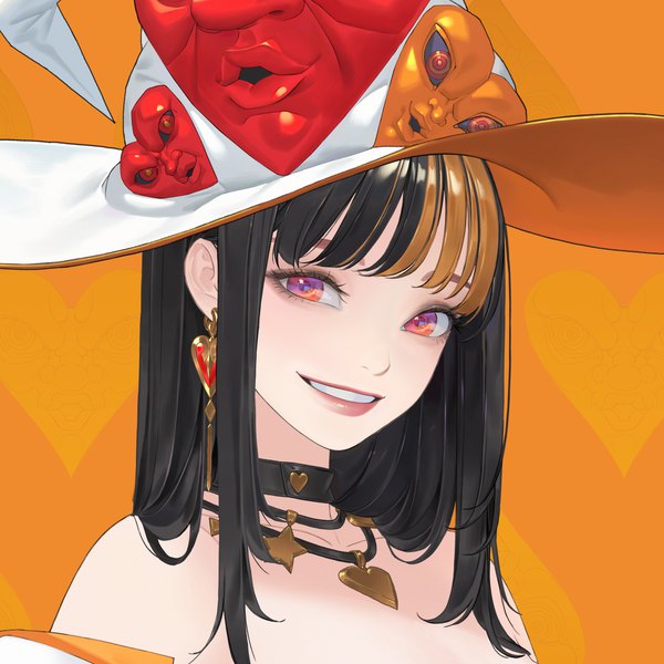 Anime picture 4000x4000 with original ake (cherrylich) single long hair looking at viewer fringe highres black hair smile brown hair bare shoulders absurdres parted lips multicolored hair two-tone hair orange eyes portrait orange background girl hat