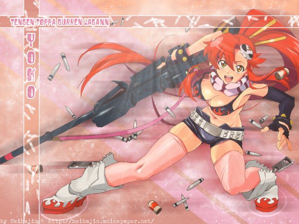 Anime picture 1600x1200 with tengen toppa gurren lagann gainax yoko littner single looking at viewer open mouth light erotic brown eyes ponytail red hair very long hair character names thighs skindentation happy third-party edit unzipped girl thighhighs gloves