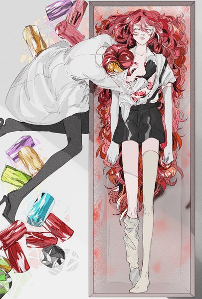 Anime picture 1170x1730 with houseki no kuni rutile (houseki no kuni) padparadscha (houseki no kuni) hamaguri tall image fringe short hair hair between eyes red hair eyes closed very long hair multicolored hair two-tone hair androgynous curly hair thighhighs gloves pantyhose white thighhighs black gloves