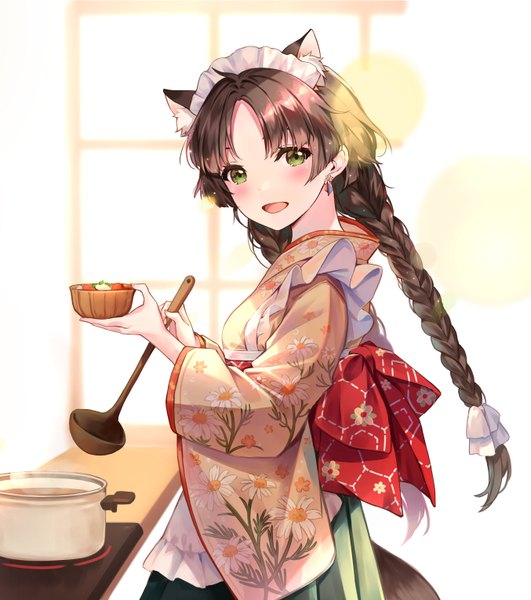 Anime picture 1353x1528 with original pierorabu single long hair tall image looking at viewer blush fringe breasts open mouth smile brown hair standing holding green eyes animal ears indoors braid (braids) long sleeves traditional clothes