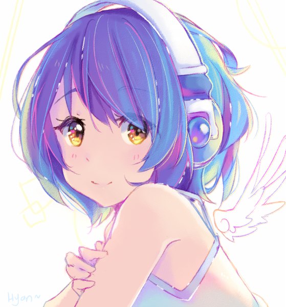 Anime picture 793x852 with original hyanna-natsu single tall image looking at viewer blush fringe short hair simple background smile hair between eyes white background bare shoulders signed yellow eyes blue hair upper body multicolored hair turning head angel wings
