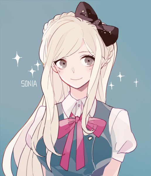 Anime picture 700x814 with dangan ronpa super dangan ronpa 2 sonia nevermind mayer single long hair tall image blush simple background smile looking away white hair grey eyes character names blue background girl bow hair bow